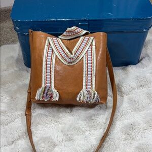 Madewell Stylish Tan Leather Bag with Colorful Strap